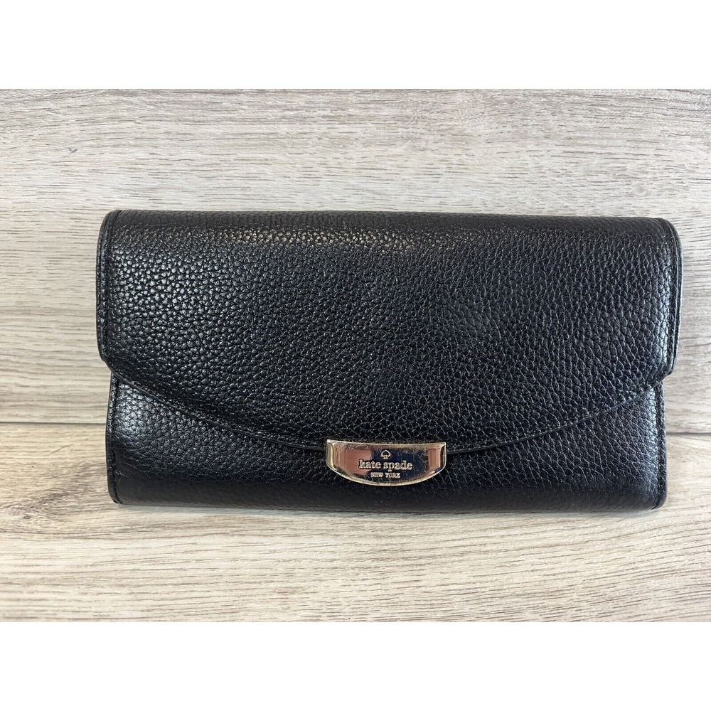 Kate Spade Black Callie Mulberry Street Pebble Leather Trifold Wallet 7.5 x 4